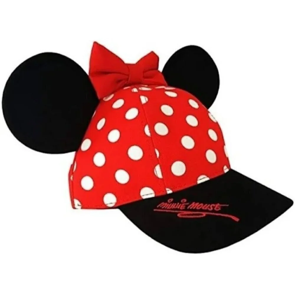 Minnie Mouse Hugs & Kisses Polka Dot Baseball Cap With Ears & Bow For Kids NWOT